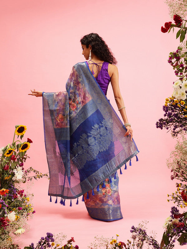 Blue Cotton Digital Print Floral Saree with Unstitched Blouse - Hiral Fashion