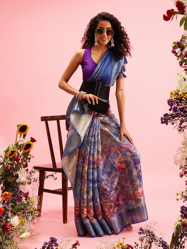 Blue Cotton Digital Print Floral Saree with Unstitched Blouse - Hiral Fashion