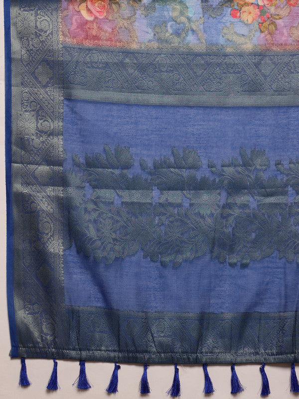 Blue Cotton Digital Print Floral Saree with Unstitched Blouse - Hiral Fashion