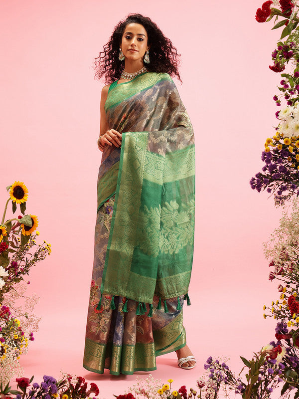 Green Cotton Digital Print Floral Saree with Blouse Piece