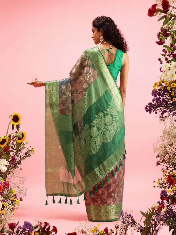 Green Cotton Digital Print Floral Saree with Blouse Piece