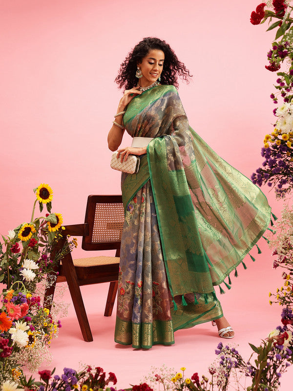 Green Cotton Digital Print Floral Saree with Blouse Piece