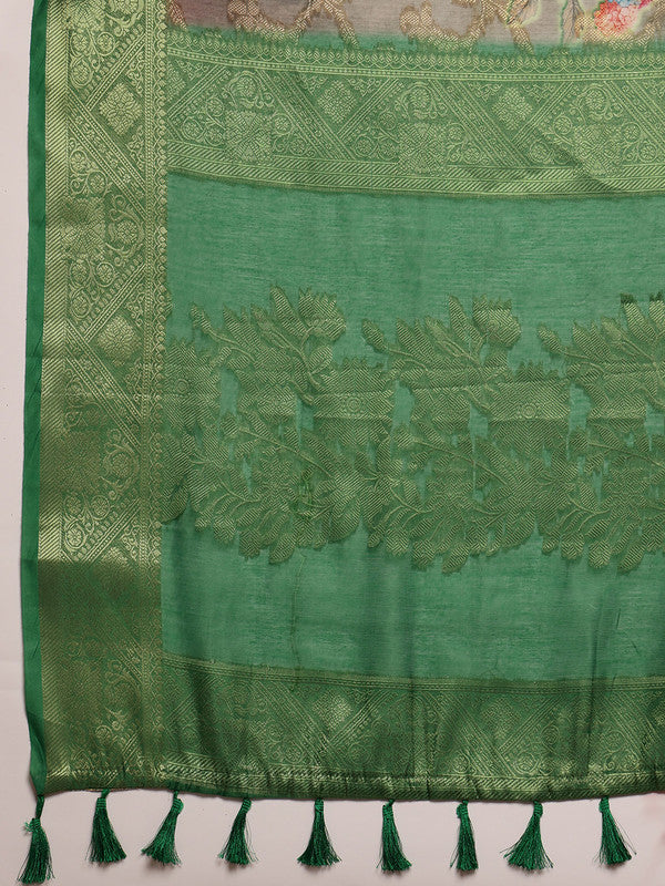 Green Cotton Digital Print Floral Saree with Blouse Piece