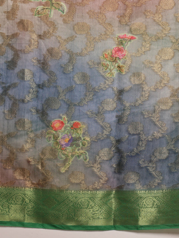 Green Cotton Digital Print Floral Saree with Blouse Piece