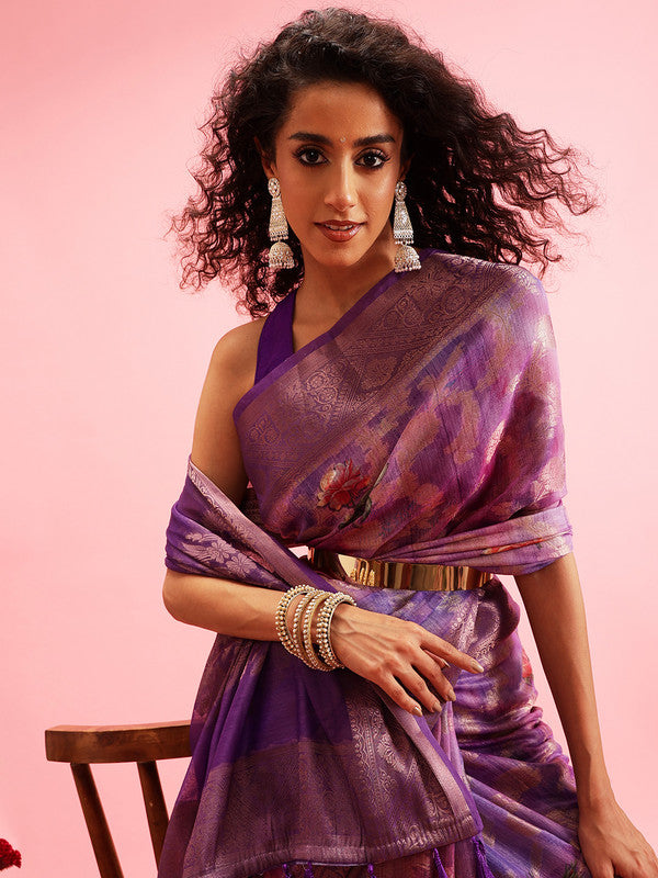 Lavender Cotton Digital Print Floral Saree with Unstitched Blouse - Hiral Fashion