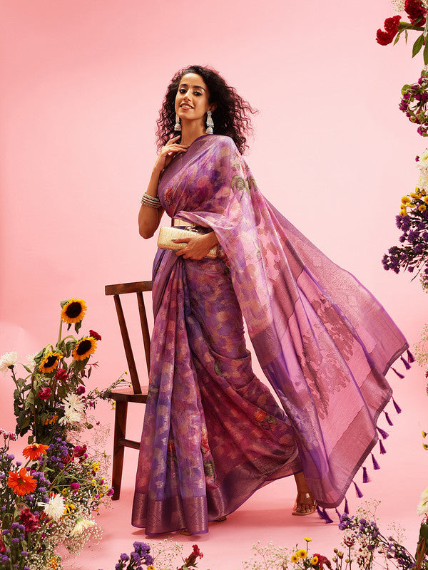 Lavender Cotton Digital Print Floral Saree with Unstitched Blouse - Hiral Fashion