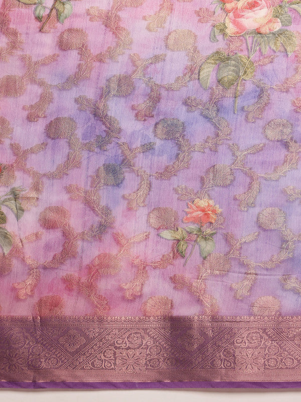 Lavender Cotton Digital Print Floral Saree with Unstitched Blouse - Hiral Fashion