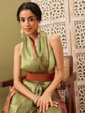 Olive cotton saree featuring vibrant digital floral prints with matching unstitched blouse fabric.