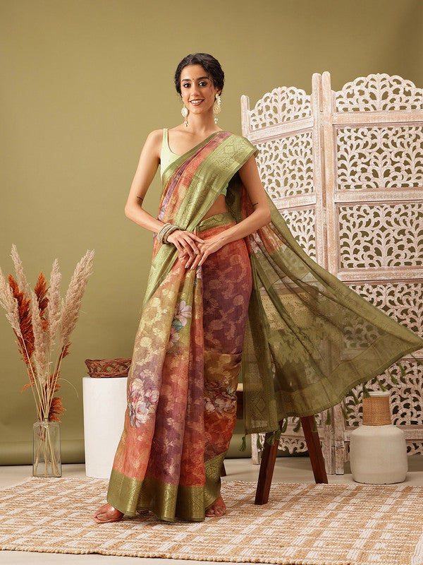 Olive Cotton Digital Print Floral Saree with Unstitched Blouse