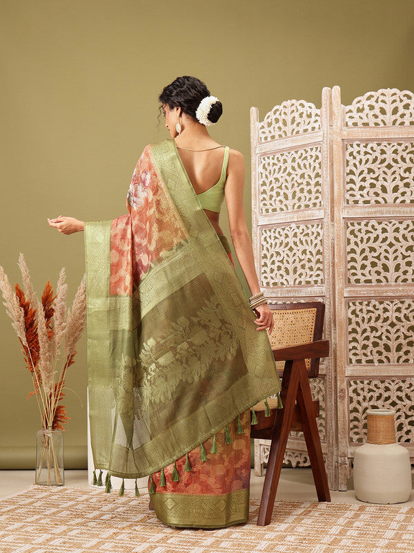 Olive Cotton Digital Print Floral Saree with Unstitched Blouse