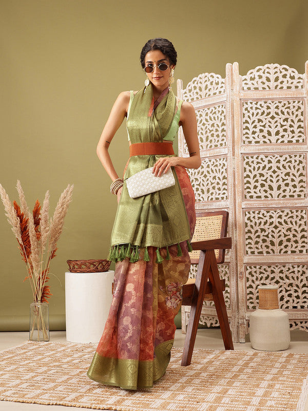 Olive Cotton Digital Print Floral Saree with Unstitched Blouse