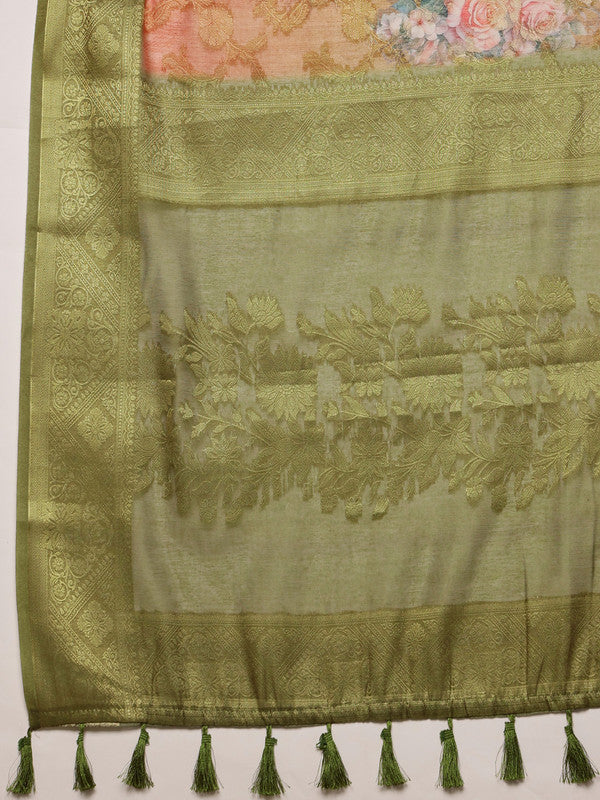 Olive Cotton Digital Print Floral Saree with Unstitched Blouse