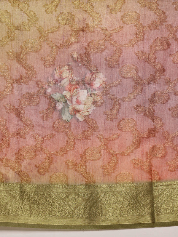 Olive Cotton Digital Print Floral Saree with Unstitched Blouse