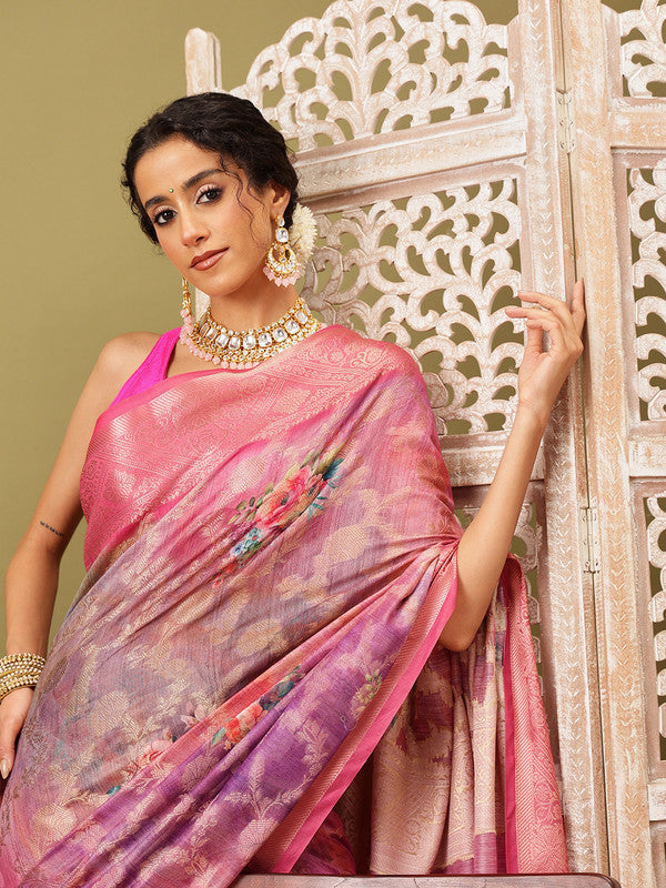 Pink cotton saree with digital floral print and matching unstitched blouse