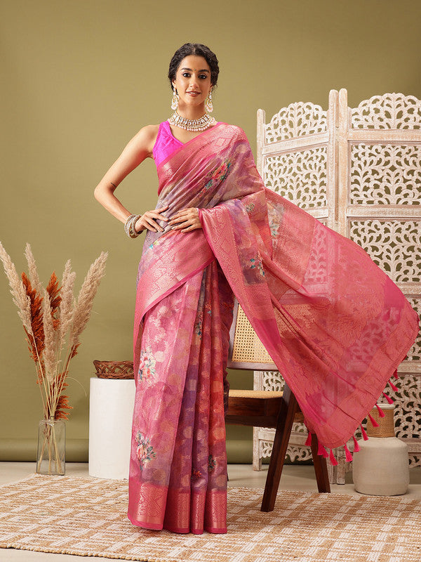 Pink Cotton Digital Print Floral Saree with Blouse Piece