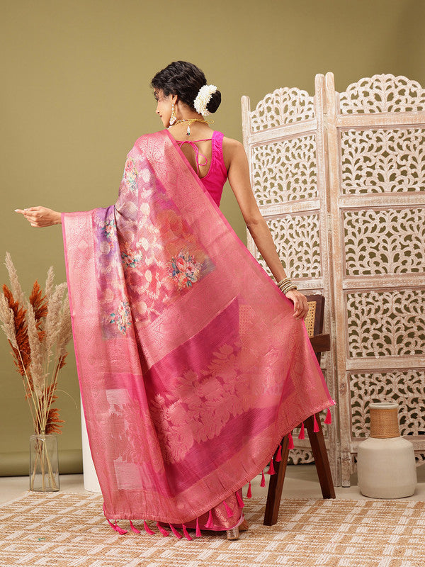 Pink Cotton Digital Print Floral Saree with Blouse Piece