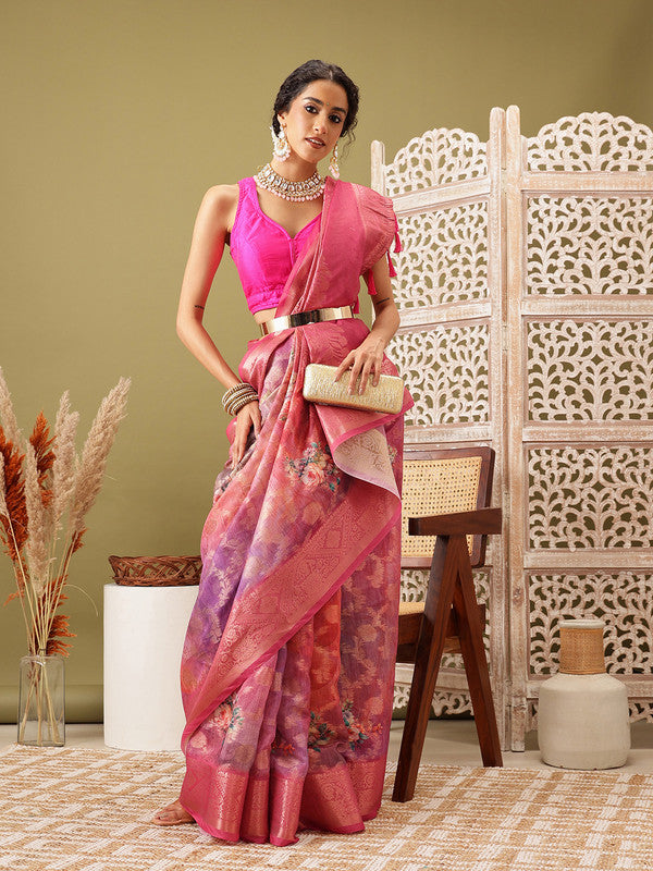 Pink Cotton Digital Print Floral Saree with Blouse Piece