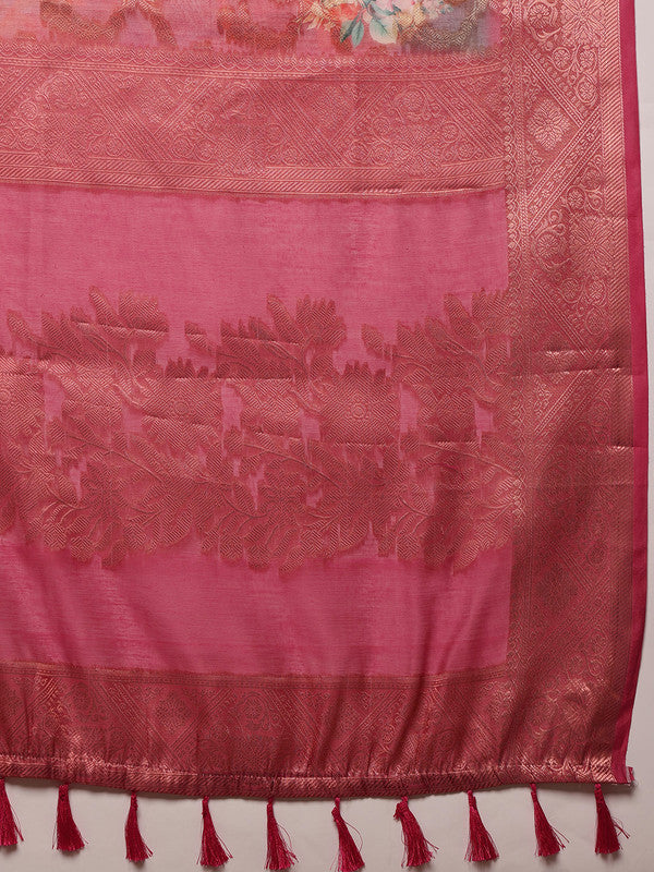 Pink Cotton Digital Print Floral Saree with Blouse Piece