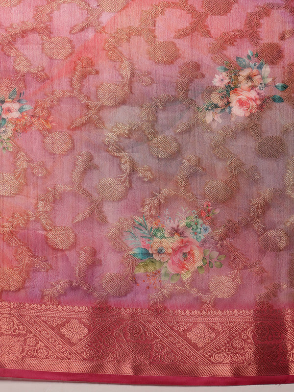 Pink Cotton Digital Print Floral Saree with Blouse Piece