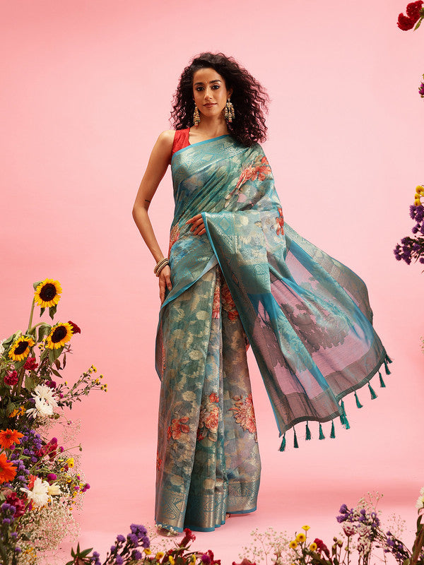 Turquoise Cotton Digital Print Floral Saree with Unstitched Blouse