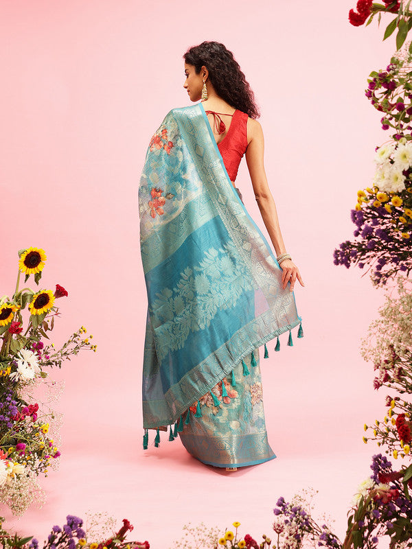 Turquoise Cotton Digital Print Floral Saree with Unstitched Blouse