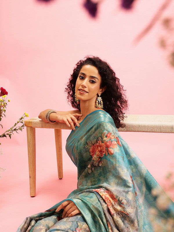 Turquoise Cotton Digital Print Floral Saree with Unstitched Blouse