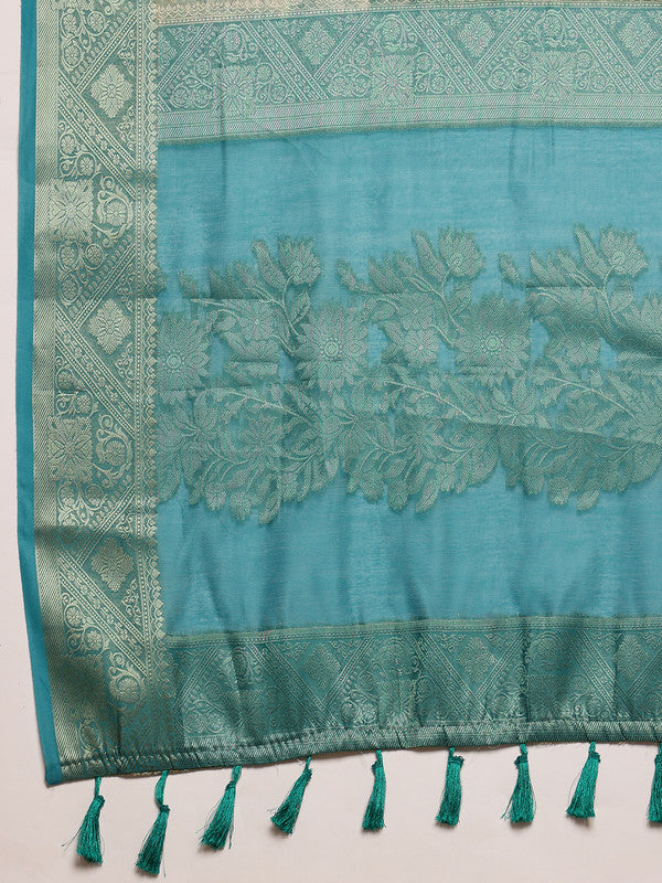 Turquoise Cotton Digital Print Floral Saree with Unstitched Blouse