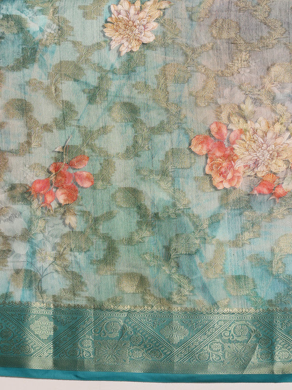 Turquoise Cotton Digital Print Floral Saree with Unstitched Blouse