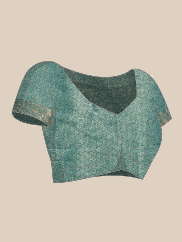 Turquoise Cotton Digital Print Floral Saree with Unstitched Blouse
