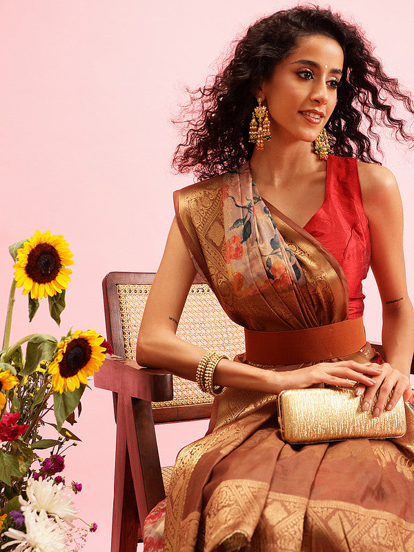 Beige Cotton Digital Print Floral Saree with Unstitched Blouse - Hiral Fashion