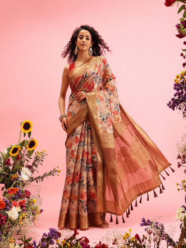 Beige Cotton Digital Print Floral Saree with Unstitched Blouse - Hiral Fashion