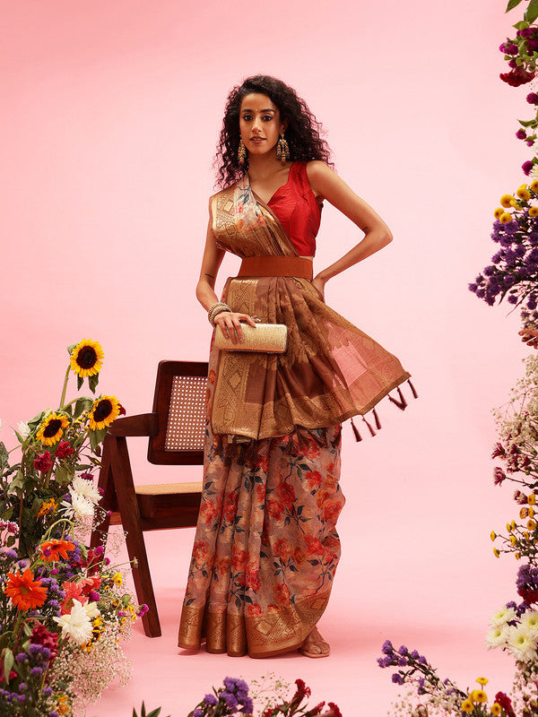 Beige Cotton Digital Print Floral Saree with Unstitched Blouse - Hiral Fashion