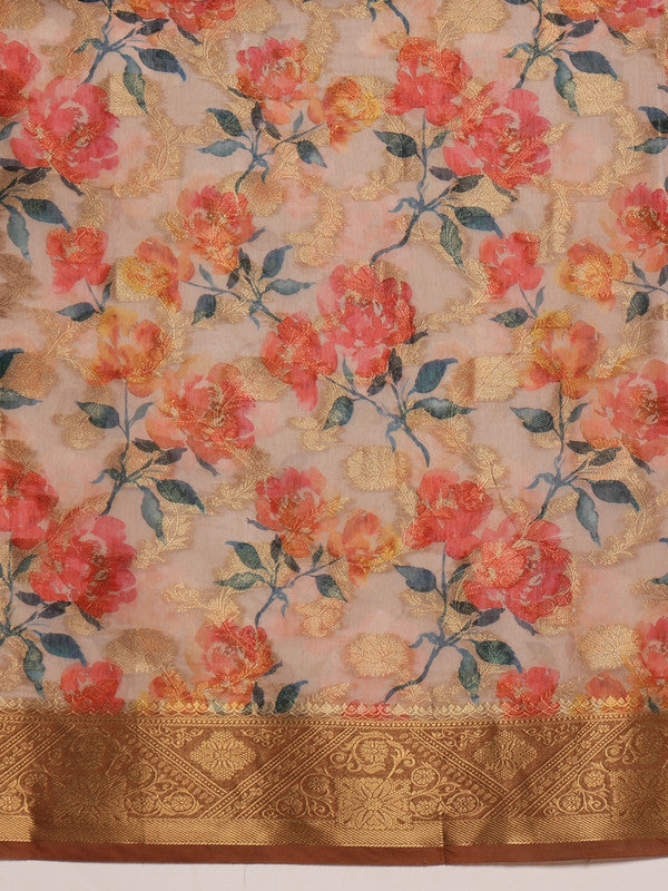 Beige Cotton Digital Print Floral Saree with Unstitched Blouse - Hiral Fashion