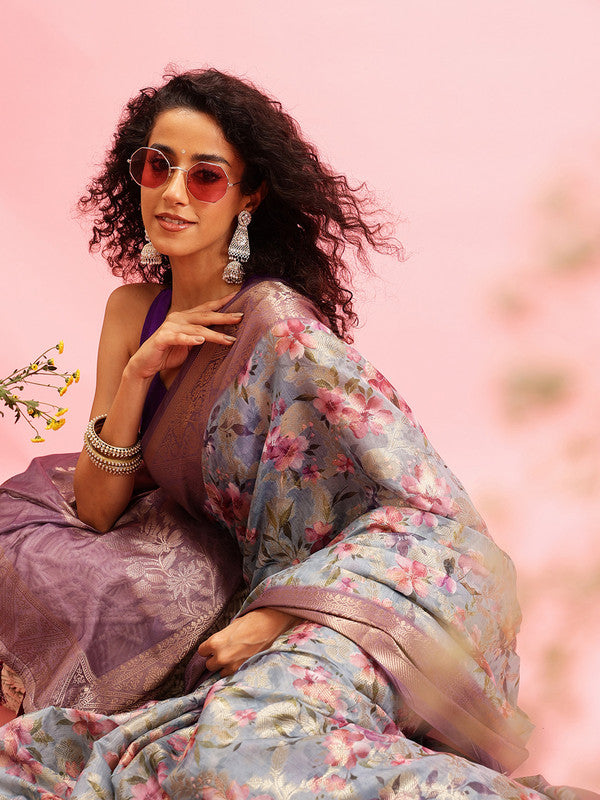 Gray cotton saree featuring digital floral prints with an unstitched blouse piece