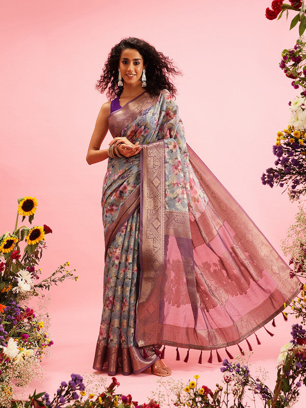 Gray Cotton Digital Print Floral Saree with Unstitched Blouse
