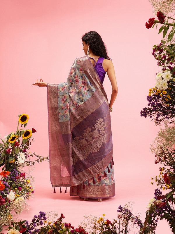 Gray Cotton Digital Print Floral Saree with Unstitched Blouse