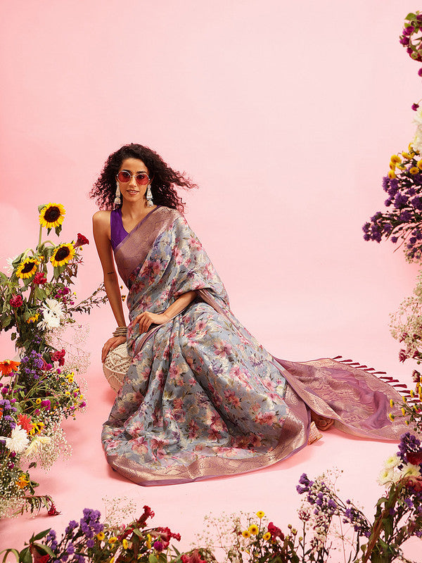 Gray Cotton Digital Print Floral Saree with Unstitched Blouse