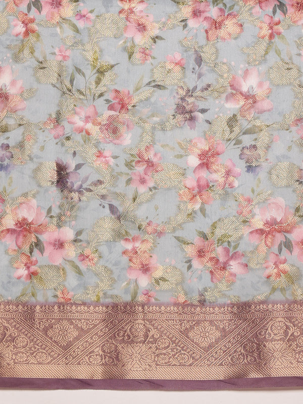 Gray Cotton Digital Print Floral Saree with Unstitched Blouse