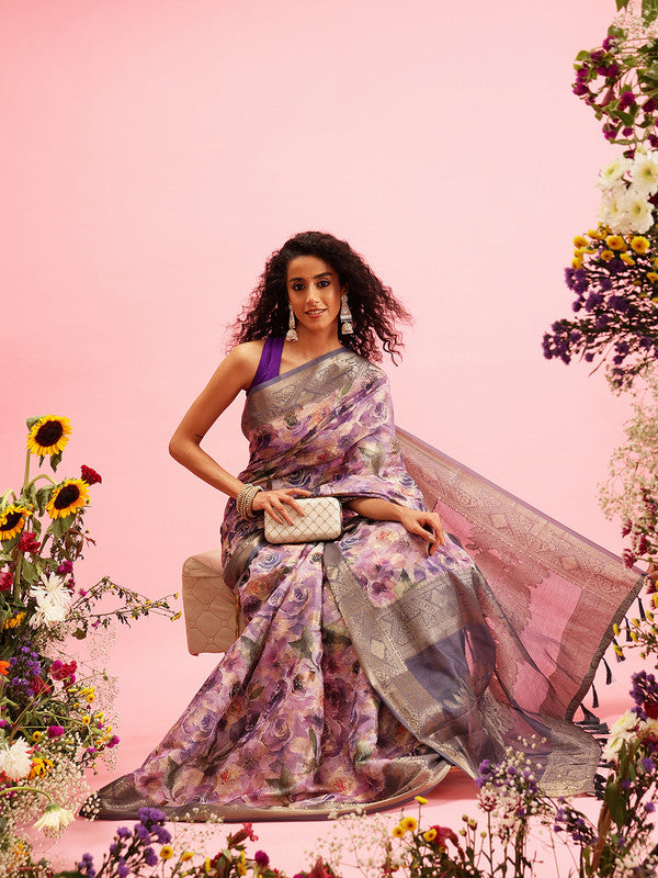 Lavender cotton saree with vibrant digital floral print and unstitched blouse piece