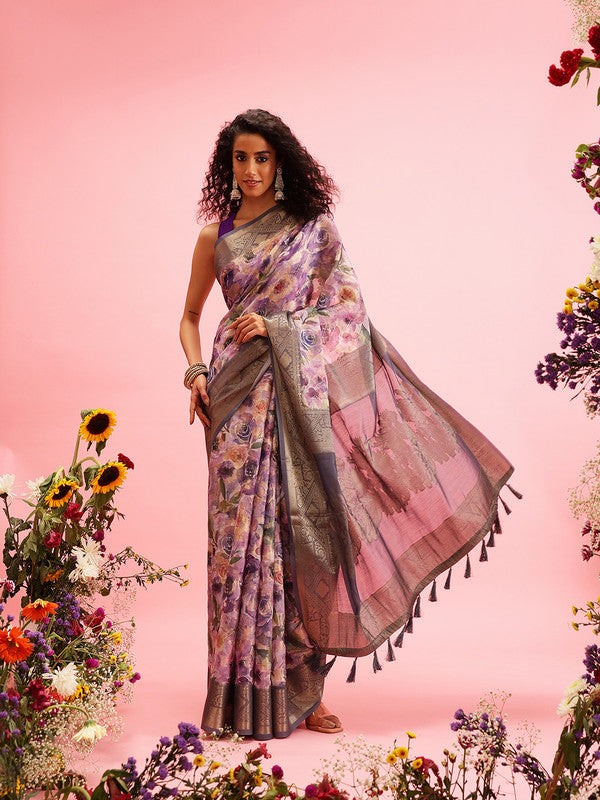 Lavender Cotton Floral Digital Print Saree with Blouse Piece