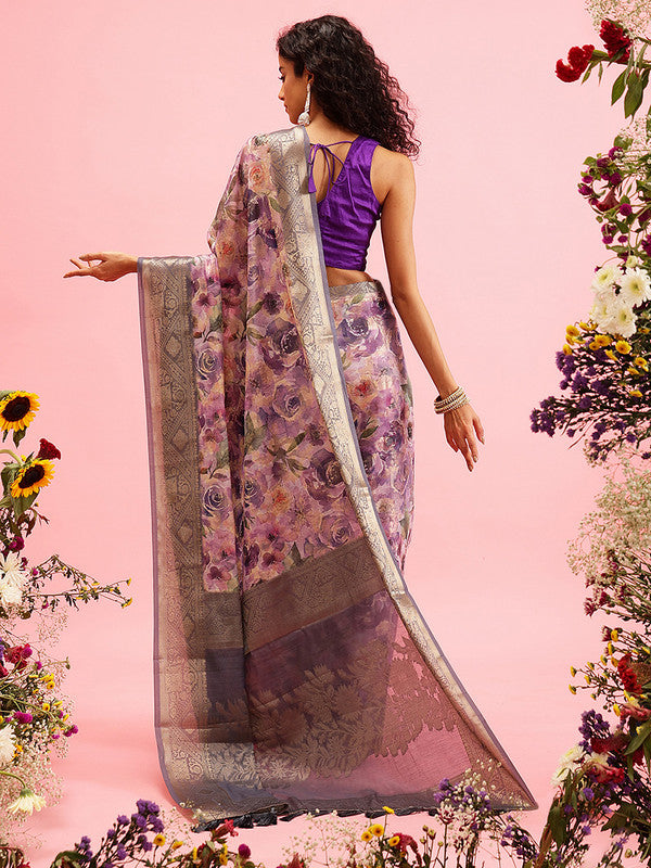 Lavender Cotton Floral Digital Print Saree with Blouse Piece