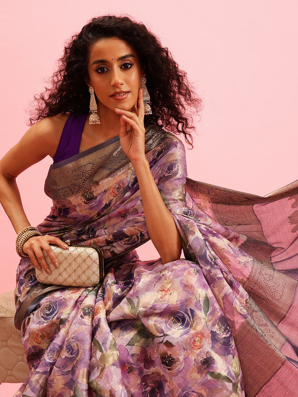 Lavender Cotton Floral Digital Print Saree with Blouse Piece