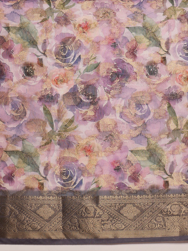 Lavender Cotton Floral Digital Print Saree with Blouse Piece