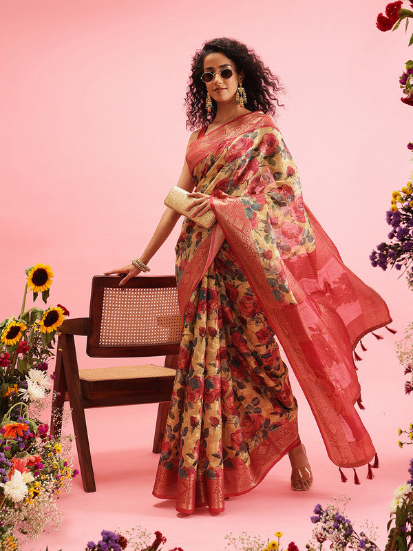 Mustard cotton saree with digital floral print and matching blouse