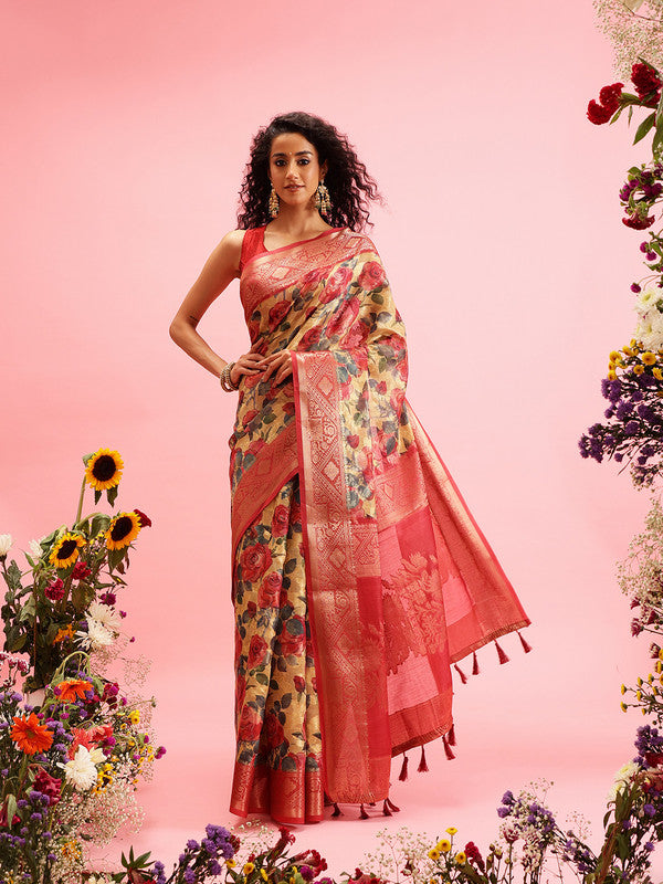 Mustard Cotton Digital Print Floral Saree