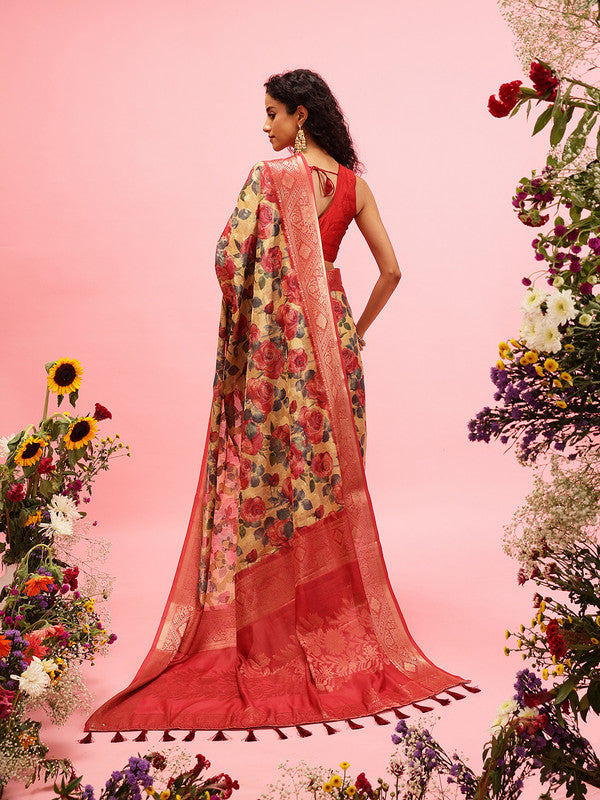 Mustard Cotton Digital Print Floral Saree