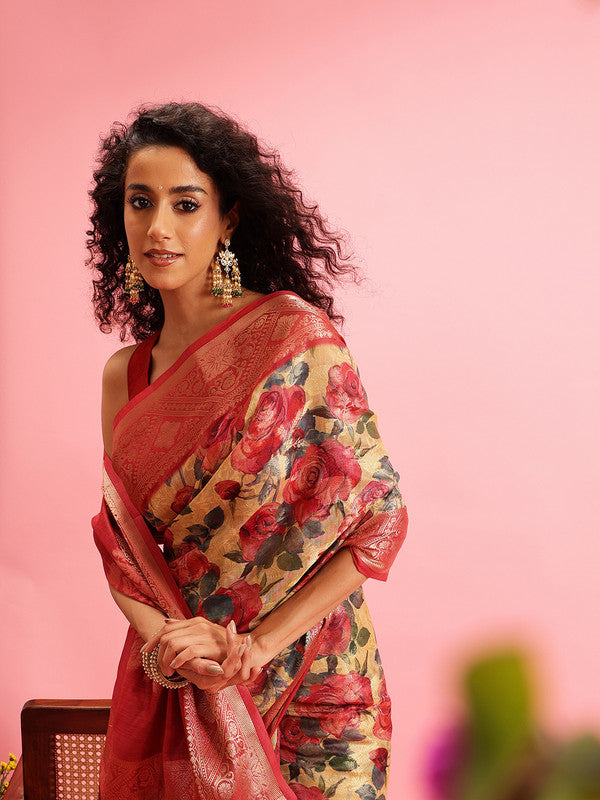 Mustard Cotton Digital Print Floral Saree