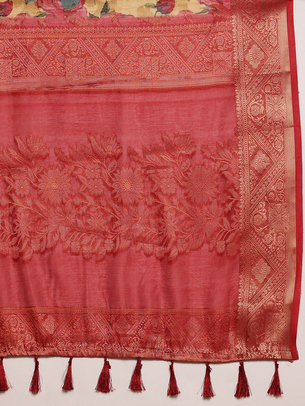 Mustard Cotton Digital Print Floral Saree