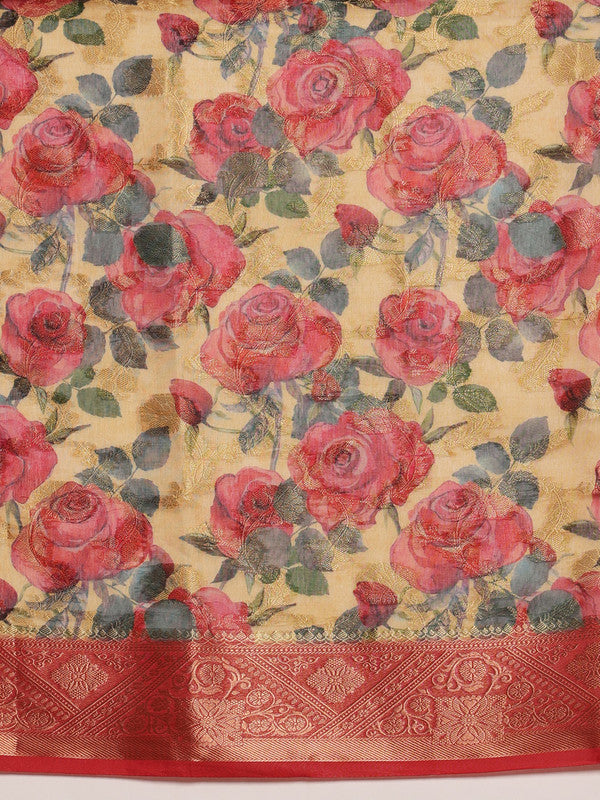 Mustard Cotton Digital Print Floral Saree