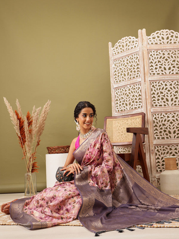 Pink cotton saree with floral digital print and unstitched blouse
